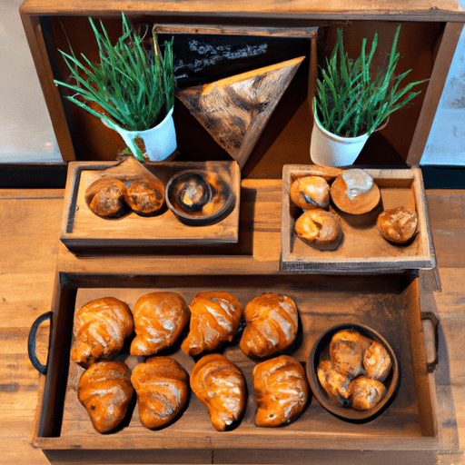A wooden tray showcasing an array of delectable pastries, including flaky croissants, buttery danishes, and fluffy muffins, situated near a bustling coffee bar with baristas preparing hot beverages.