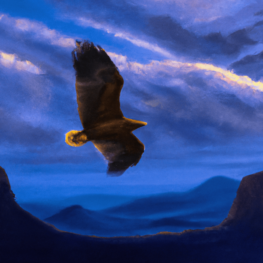 A majestic eagle soaring above a rugged mountain range at dusk.