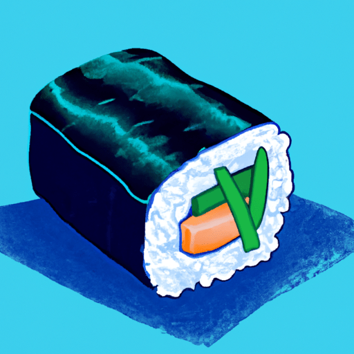 Freshly prepared, artfully crafted sushi with vibrant blue-green seaweed wrap, resting on a sleek blue background