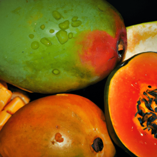 A display of tropical fruits, water droplets on mangos and papayas, a dive into nature's bounty.